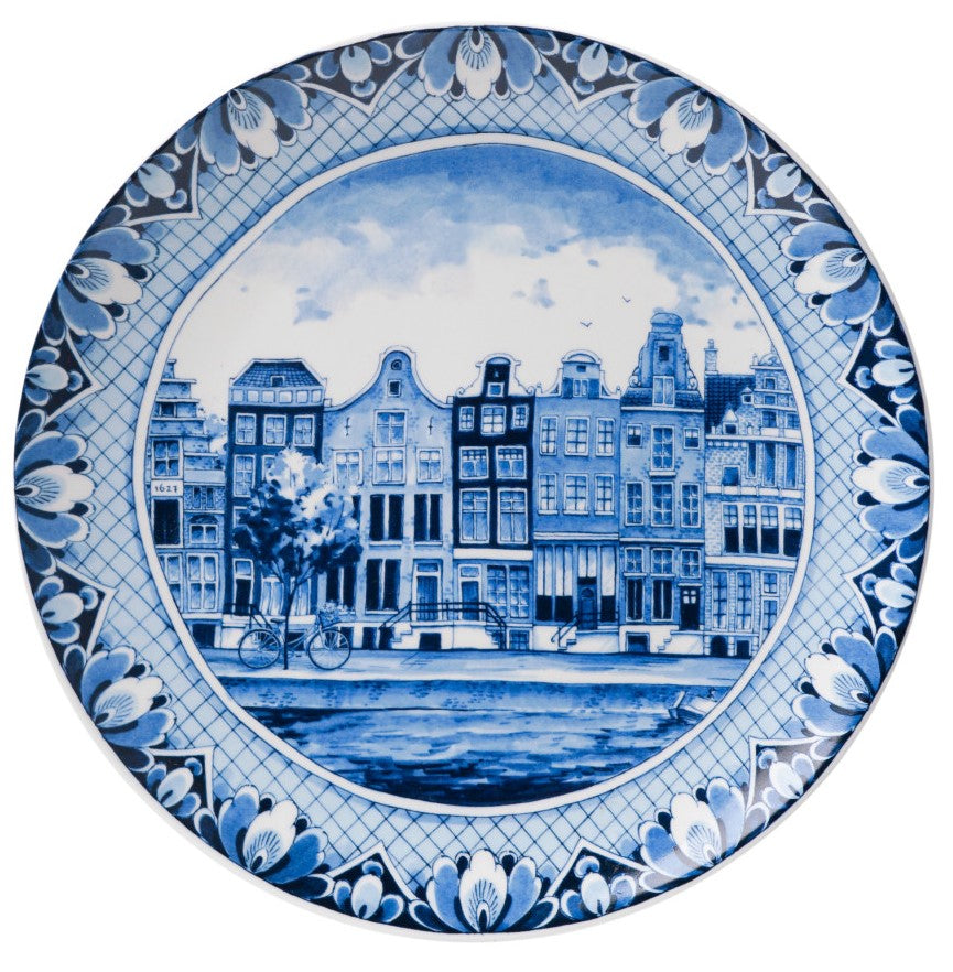 Heinen Delfts blauw Wandbord - Grachtenpanden - Ø 20cm