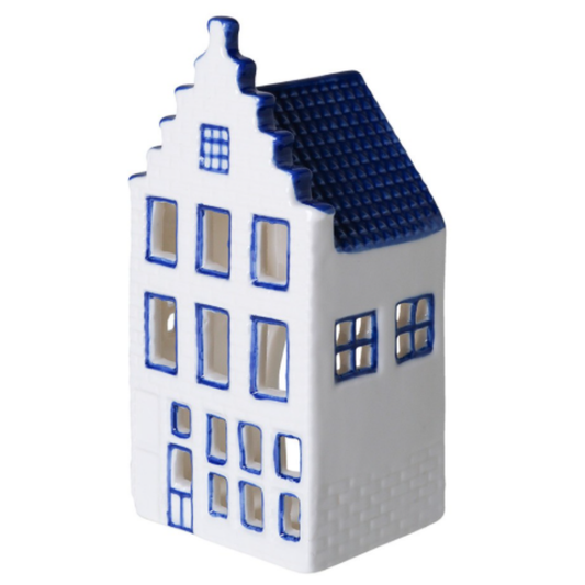 Delfts blauw huisje - waxinelichthouder - 13 cm - Trapgevel