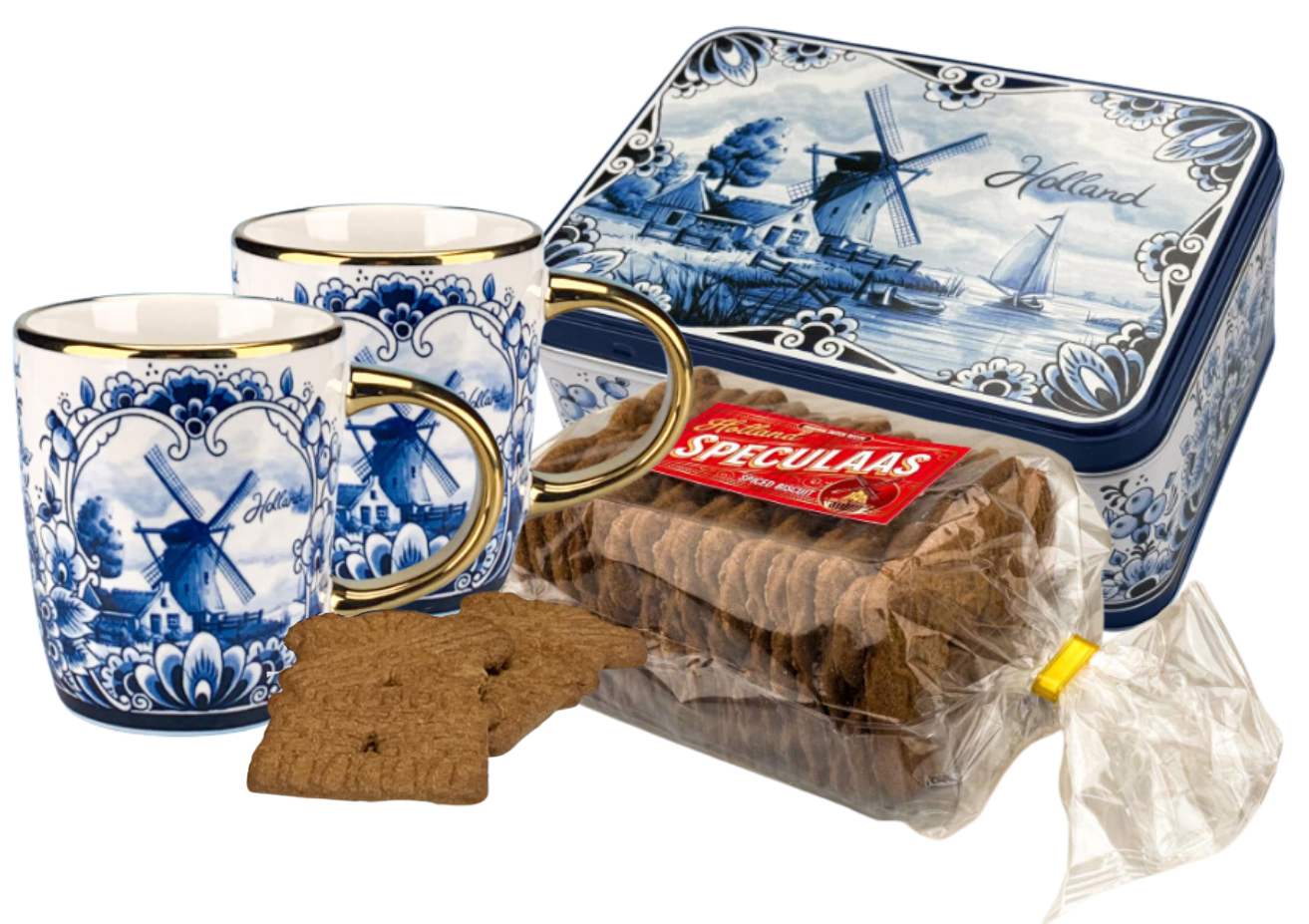 Delfts blauw mokken en koekblik Speculaas