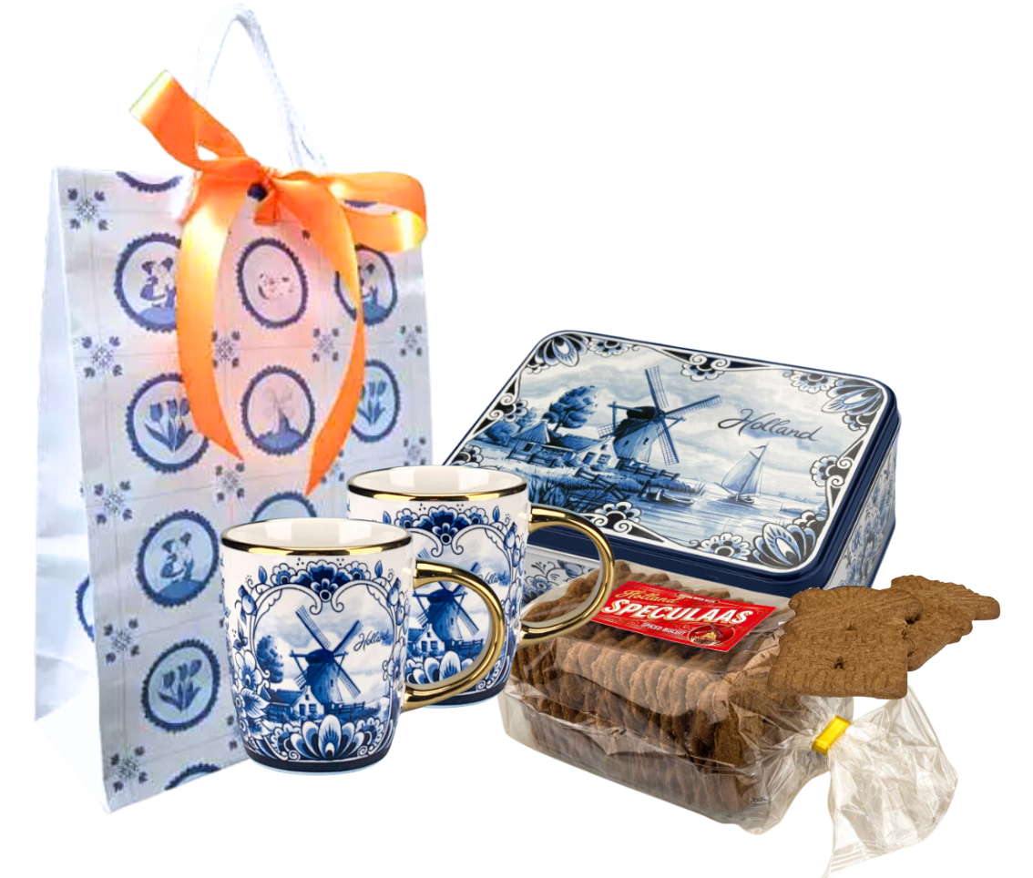 Delfts blauw mokken en koekblik Speculaas