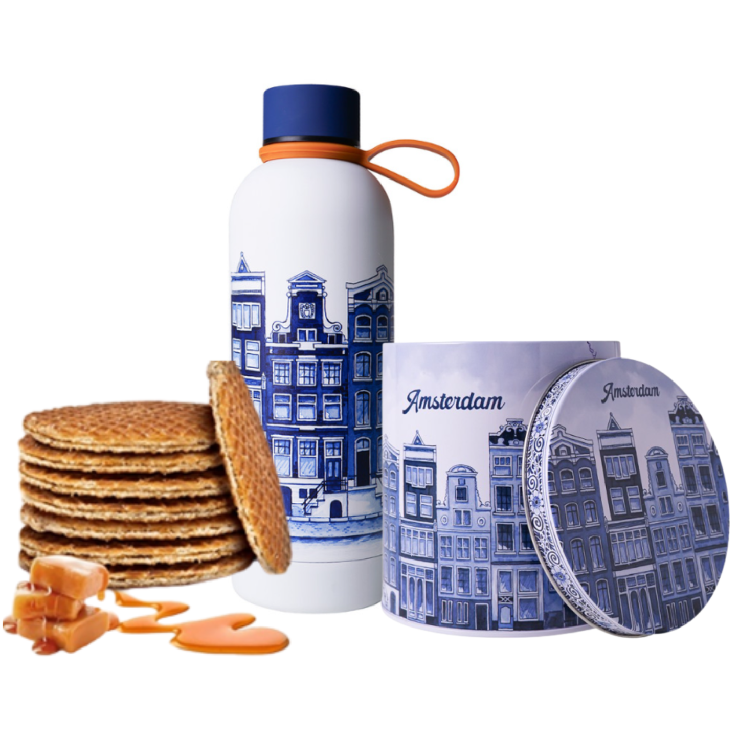 Holland cadeauset - Drinkfles en blik Stroopwafels