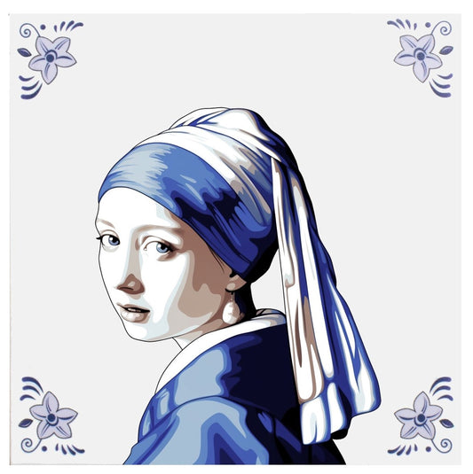 Meisje met de Parel – Tegel Delfts Blauw - 15 x 15 cm - incl Standaard