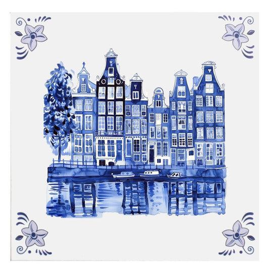 Grachtenpanden – Tegeltje Delfts Blauw - 15 x 15 cm - incl Standaard