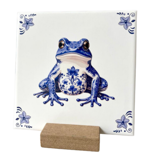 Grachtenpanden – Tegeltje Delfts Blauw - 15 x 15 cm - incl Standaard