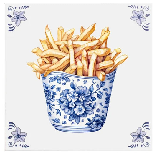 Friet - Tegel Delfts blauw – 15 x 15 cm - incl Standaard