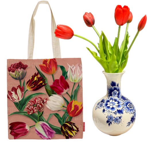 Kunst tulpen met Delfts blauw vaas - 20 cm - In geschenktas