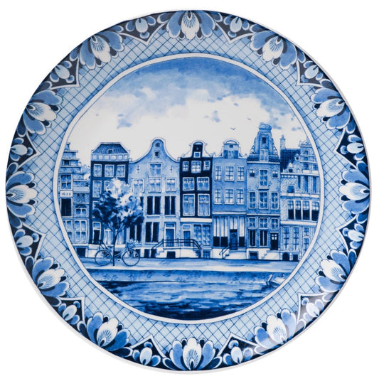 Heinen Delfts blauw Wandbord - Grachtenpanden - Ø 20cm